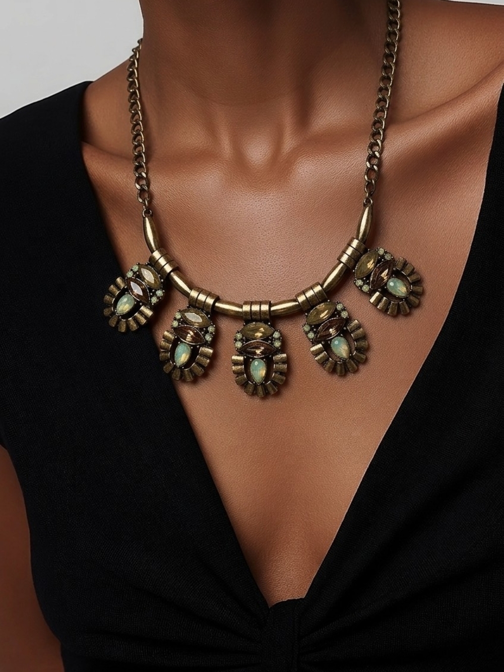 Boutique Antique gold necklace with five ornate pendants